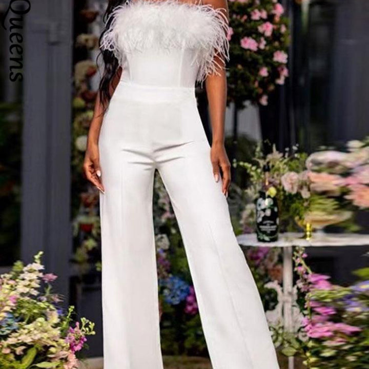 Women Sequined Feather-paneled Jumpsuit